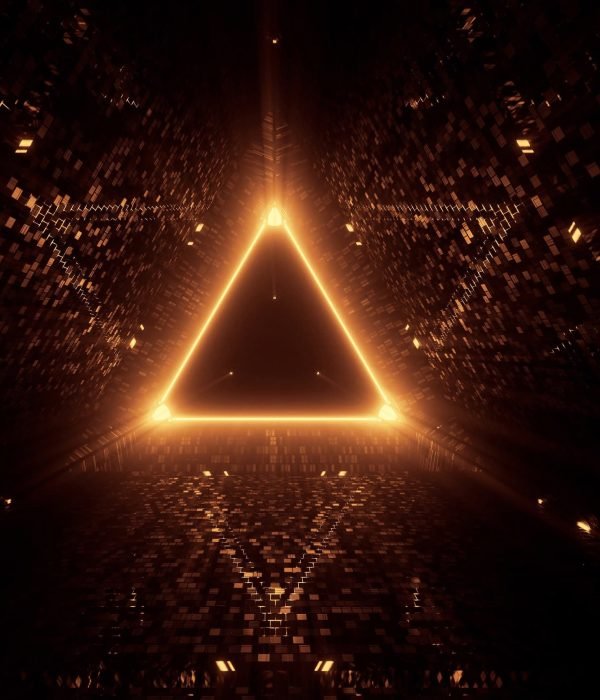 The neon laser lights in a triangular shape with a black background